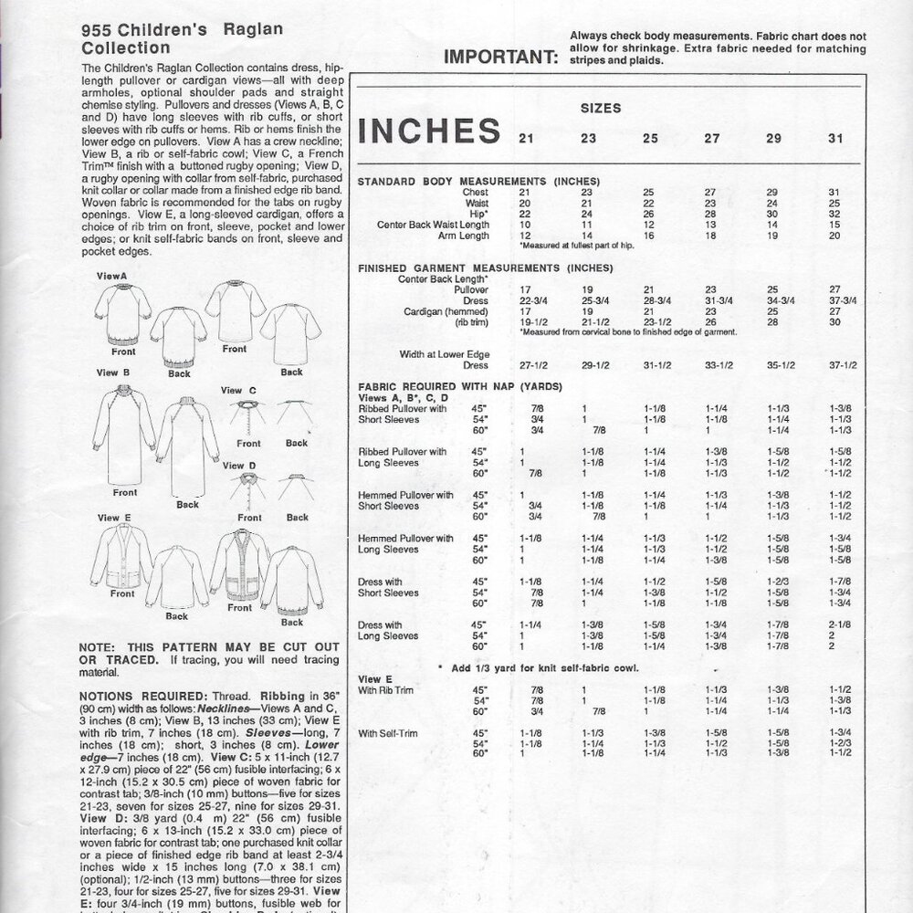 Stretch & Sew Pattern 955 Children's Raglan Collection - Picture 3 of 4
